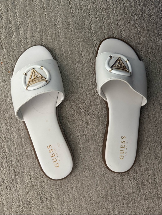 Guess Shoes - GUESS White Slide Sandals with Gold Triangle Logo